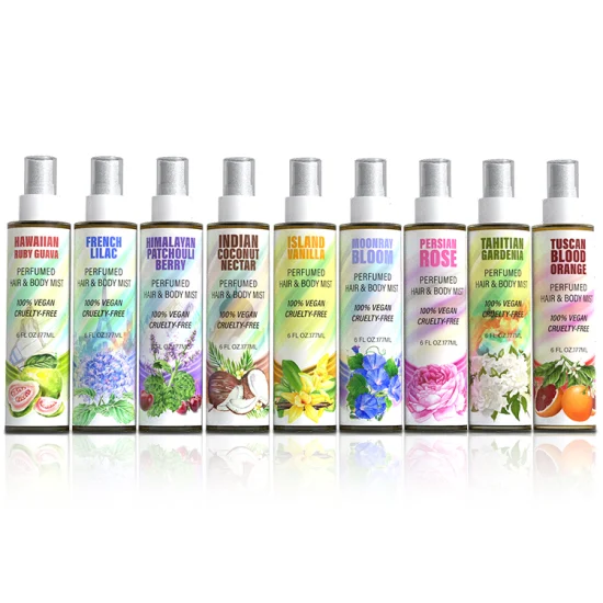 100 % veganer Kosmetik-Großhandel, 4 Arten von Körperduft-Nebelspray, Damen-Parfüm-Haar-Nebelspray, Eigenmarke